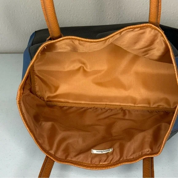 Neiman Marcus Tote Bag Tri-color Camel Brown, Black & Blue Vegan Pebble Leather - Picture 7 of 9